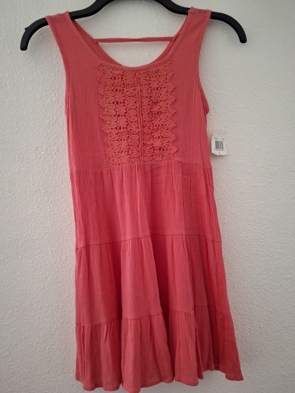 Knitworks Coral Pink Sleeveless Tiered Dress with Crochet Front